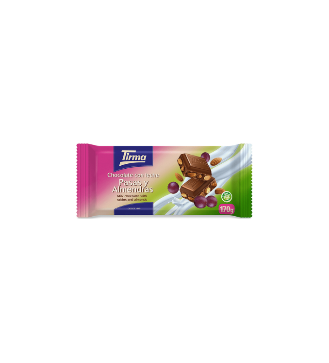 Tirma Chocolat au lait avec raisins secs et amandes entières. 170g.