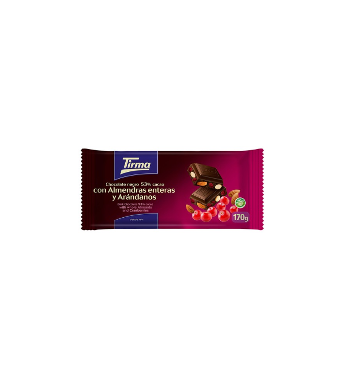 Tirma Chocolat Noir 53% avec Amandes Entières et Canneberges. 170g