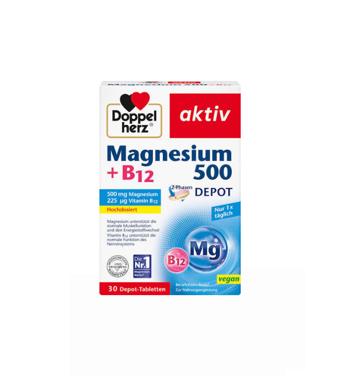 Doppelherz Magnésium 500 + B12 Comprimés à libération prolongée en 2 phases 30 pièces, 51 g